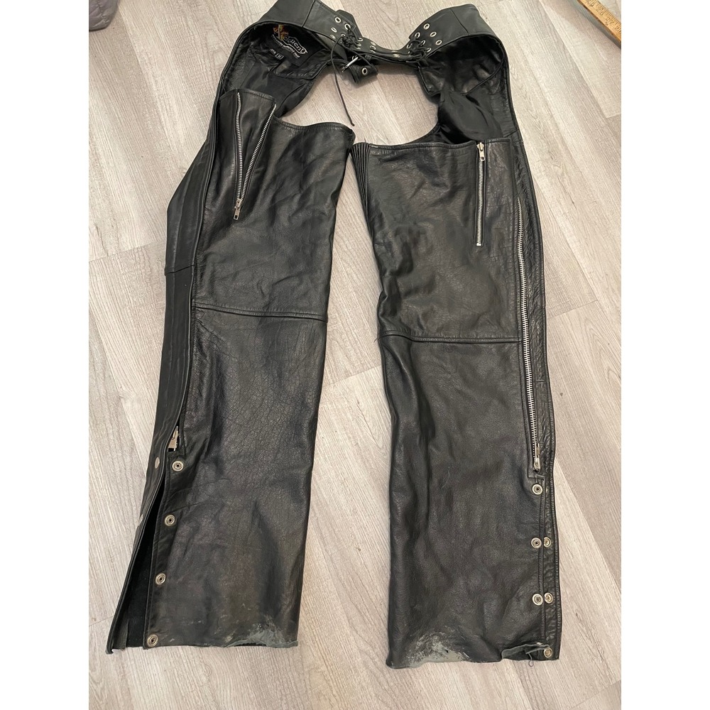 Unbranded Black Leather Motorcycle Chaps Biker Riding Gear Adjustable Belted XL